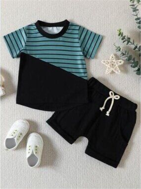 Children's Striped Color Block Casual Top and Shorts Set